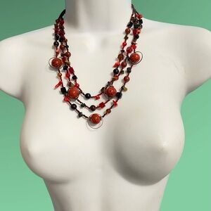 Triple Strand Brick Red Burgundy Glass Seed Beads Stone Chips Boho Necklace